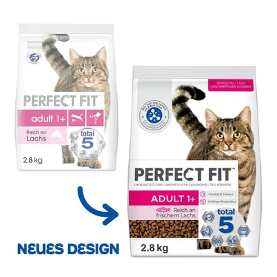 Perfect Fit Adult 1+ Katzenfutter, reich an frischem Lachs, neues Design, 2.8 kg Packung, unterstützt Vitalität und Fitness sowie kräftige Muskulatur.