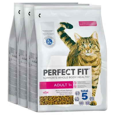 Perfect Fit Adult 1+ Katzenfutter, reich an frischem Lachs. Unterstützt Vitalität, starke Muskeln und gesunde Zähne. Mit natürlichen Präbiotika für Verdauung. Packung zeigt braune Kroketten.