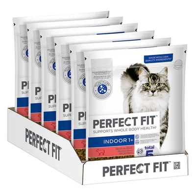 Paquet de croquettes pour chat Perfect Fit Indoor 1+, riche en bœuf, supports whole body health, total 5, ingrédients de haute qualité, image d’un chat sur l’emballage.