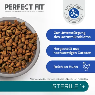 Perfect Fit. Zur Unterstützung des Darmmikrobioms. Hergestellt aus hochwertigen Zutaten. Reich an Huhn. Mit natürlichen Präbiotika. STERILE 1+. Текст на немецком языке.