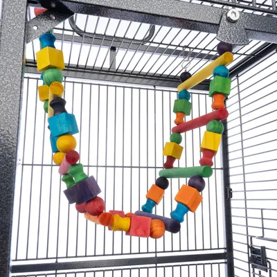 Échelle suspendue en bois multicolore avec perles et barreaux, accrochée à l’intérieur d’une cage métallique pour oiseaux. Formes variées visibles sur les éléments en bois.