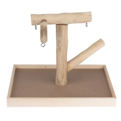 Wooden toy with three branches and metal rings, mounted on a rectangular wooden board.