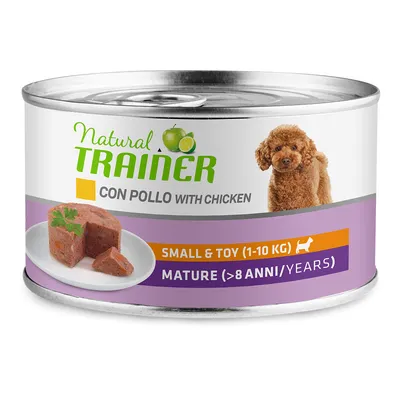 Natural Trainer mokré krmivo s kuřecím pro malé psy (1–10 kg), vhodné pro starší psy nad 8 let. Zobrazeno: produkt a pes.