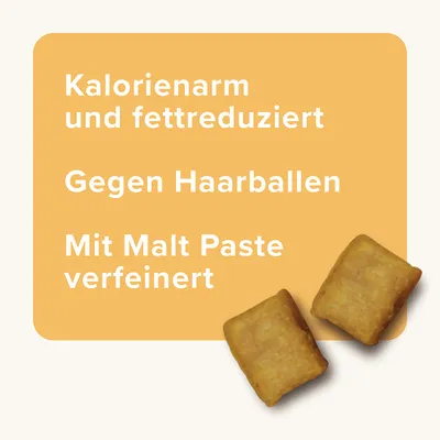 Low in calories and reduced fat. Against hairballs. Refined with Malt Paste.