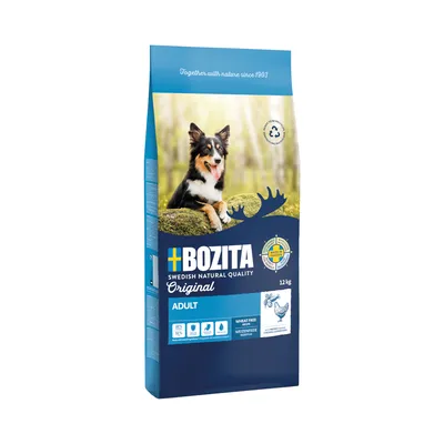 Bozita Original Adult, schwedische natürliche Qualität, weizenfreie Rezeptur, 12kg. Protein 22%, Fett 14%. Hergestellt in Schweden mit recycelbarer Verpackung.