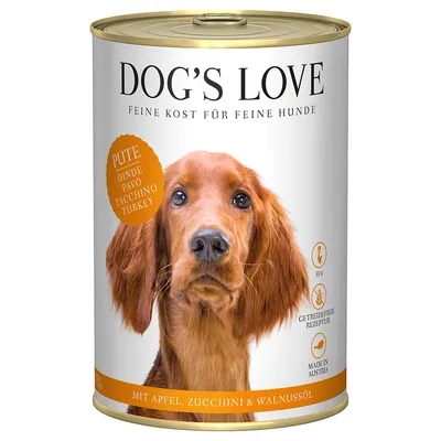 Dog's Love Feine Kost für feine Hunde, Pute mit Apfel, Zucchini & Walnussöl. 55% Fleischanteil, getreidefreie Rezeptur, Made in Austria.
