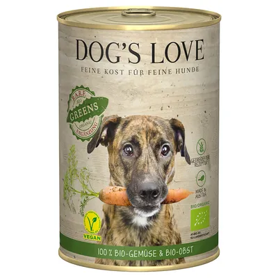 Dog's Love vådfoderdåse med 100% økologiske grøntsager og frugt, kornfri opskrift, vegansk, økologisk certifikat AT-BIO-301, produceret i Østrig.