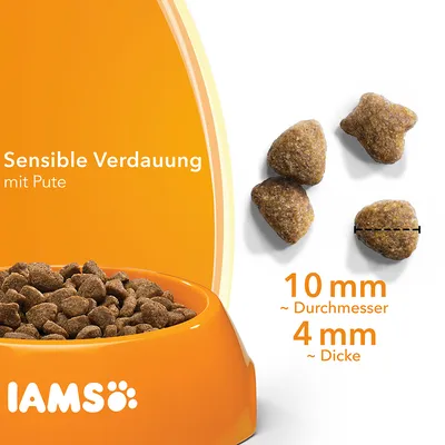 IAMS Sensible Verdauung mit Pute, nappuloiden koko: halkaisija noin 10 mm, paksuus noin 4 mm. Näkyvissä myös oranssi ruokakuppi täynnä nappuloita.