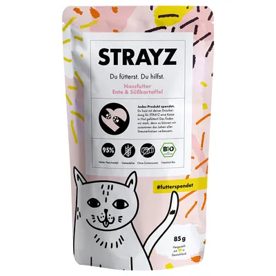 STRAYZ våtfoder anka & sötpotatis, 95 % köttandel, spannmålsfritt, utan tillsatt socker, ekologiskt. Varje förpackning stödjer hemlösa katter. Tillverkat i Tyskland, 85 g.