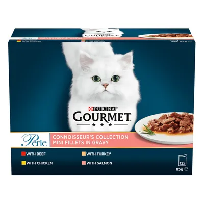 Connoisseur’s Collection Mini Fillets in Gravy, 12 x 85g. Includes beef, chicken, turkey and salmon varieties.
