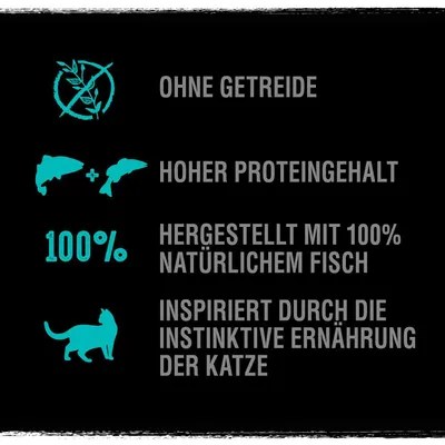 Texte en allemand : OHNE GETREIDE, HOHER PROTEINGEHALT, HERGESTELLT MIT 100% NATÜRLICHEM FISCH, INSPIRIERT DURCH DIE INSTINKTIVE ERNÄHRUNG DER KATZE