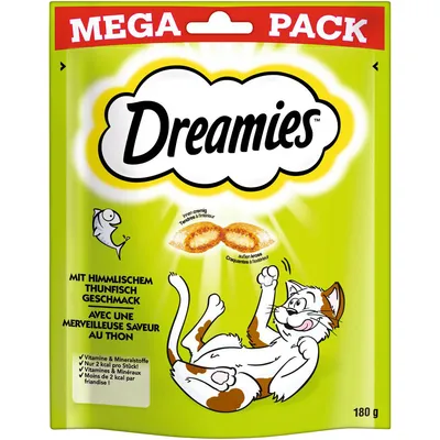 Dreamies Mega Pack cu gust de ton, 180g. Cremă la interior, crocant la exterior. Vitamine și minerale, doar 2 kcal pe bucată.