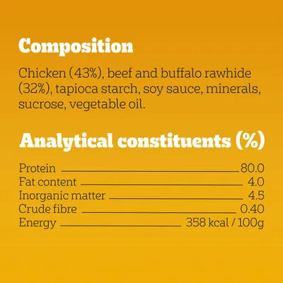 Composition: chicken 43%, beef and buffalo rawhide 32%, tapioca starch, soy sauce, minerals, sucrose, vegetable oil. Protein 80%, fat 4%, inorganic matter 4.5%, fibre 0.4%, energy 358 kcal/100g.