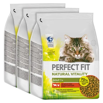 Perfect Fit Natural Vitality Adult 1+ mit frischem Huhn und Rind, 70% Protein tierischen Ursprungs, hergestellt mit natürlichen Zutaten. Verpackung zeigt Katze und Trockenfutter.
