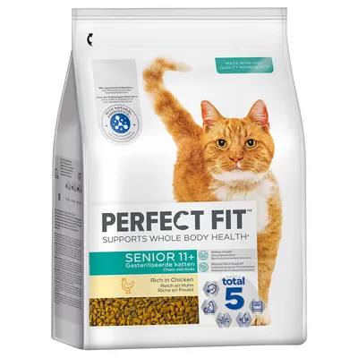 Perfect Fit Senior 11+ per gatti sterilizzati, ricco di pollo. Supporta la salute con probiotici naturali e ingredienti di alta qualità. Totale 5 benefici per la salute.