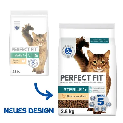 Deux paquets de croquettes Perfect Fit Sterile 1+ Reich an Huhn 2,8 kg pour chat, ancien et nouveau design. Texte en allemand : Neues Design, Reich an Huhn, total 5.