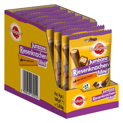 Pedigree Jumbone Mini óriáscsont, csirke és bárány íz, 8 csomag, csomagonként 4 darab, össztömeg 1,28 kg, kevesebb mint 5% zsír.