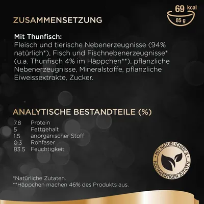 Zusammensetzung: Fleisch, tierische Nebenerzeugnisse (94%), Thunfisch (4%), pflanzliche Nebenerzeugnisse. Analytische Bestandteile: Protein 7.8%, Fettgehalt 5%, Feuchtigkeit 83.5%.