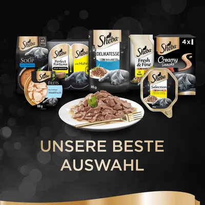 Sheba izbor hrane za mačke: Soup s tuno, Perfect Portions s piščancem, Delikatesa v želeju, Fresh & Fine v omaki, Creamy Snacks, fileti trajnostnega belega ribjega mesa.