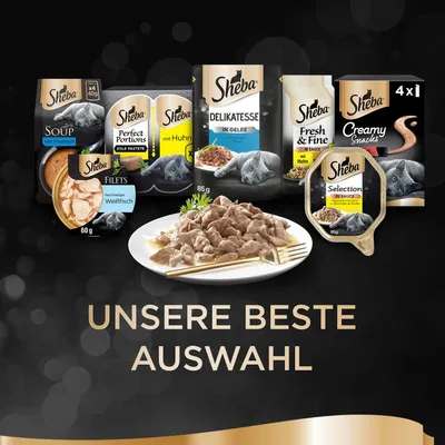 Sheba izbor hrane za mačke: Soup s tuno, Perfect Portions s piščancem, Delikatesa v želeju, Fresh & Fine v omaki, Creamy Snacks, fileti bele ribe.