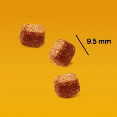 Tri rjavi, kockasti briketi velikosti 9,5 mm na rumeni podlagi.