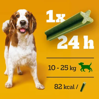 Насоки за хранене: 1 брой на 24 часа, за кучета 10–25 кг, 82 kcal на стик. Изображение на куче и зелен дентален стик.