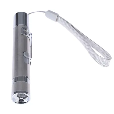 Silver-coloured laser pointer with clip and white wrist strap, suitable for precise light projection.