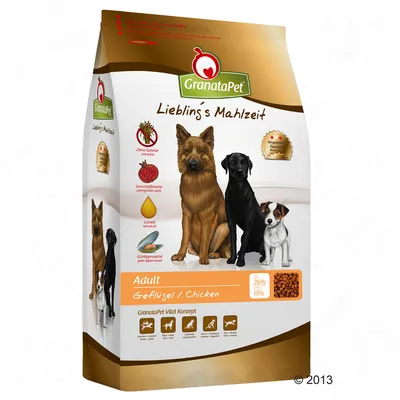 Sacchetto di crocchette per cani GranataPet Lieblings Mahlzeit Adult Geflügel/Chicken, 26% proteine, 15% grassi, illustrazioni di tre cani e ingredienti visibili come melagrana e salmone.