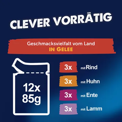 Geschmacksvielfalt vom Land in Gelee: 12x85g, je 3x mit Rind, Huhn, Ente und Lamm.