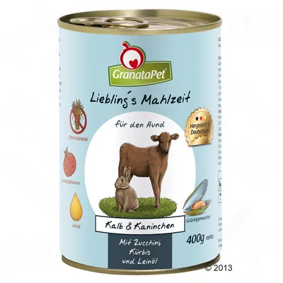 Консерва GranataPet для собак, Kalb & Kaninchen, 400 г. Без зерна, с гранатовыми косточками и льняным маслом. Изготовлено в Германии. С цукини, тыквой и зелёной мидией.