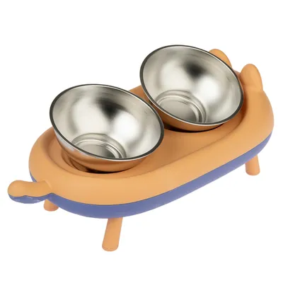Double stainless steel bowl in an orange and blue stand with four legs, suitable for food and water.