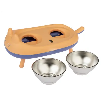 Feeding bowl set with orange holder in cat shape and two removable stainless steel bowls.