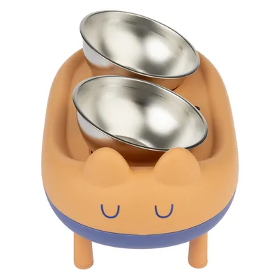 Double bowl made of stainless steel in an orange holder with cat ear design, suitable for food or water.
