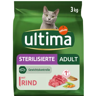 ultima Sterilisierte Adult kattefoder 3 kg, Gewichts­kontrolle, mit Rind, billede af oksekød, grøntsager og korn. affinity-mærke synligt.