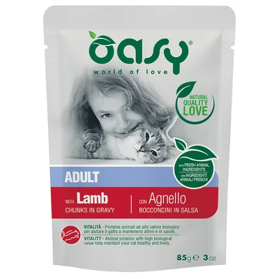 Oasy Adult con agnello, bocconcini in salsa. Ingredienti animali freschi. Vitalità: proteine animali di alta qualità aiutano il gatto a restare sano e attivo. 85g.