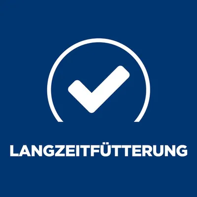 Langzeitfütterung mit weissem Häkchen-Symbol in einem Kreis auf blauem Hintergrund.