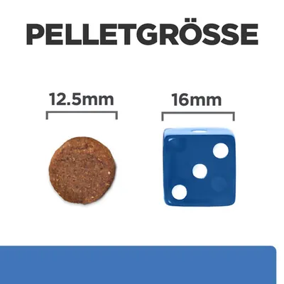 Pelletgrösse: Vergleich von 12,5mm Pellet mit einem blauen Würfel von 16mm Grösse.