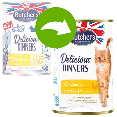 Butcher's Delicious Dinners with chicken in jelly. Grain-free recipe, natural ingredients with vitamins and minerals. New design with British flag and cat.