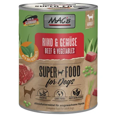 MAC's Rind & Gemüse, Super Food pentru câini. Fabricat în Germania, cu 30% legume, hrană completă pentru câini adulți, fără cereale, ecologic, protejează resursele naturale.