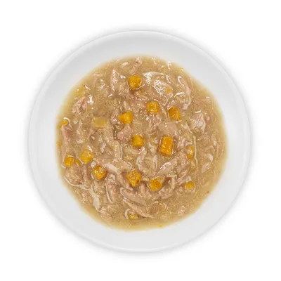 Primo piano di cibo umido con pezzi di carne e cubetti arancioni in salsa su un piatto bianco.