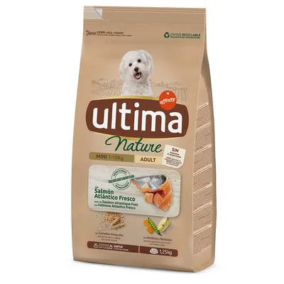 Sac de croquettes Ultima Nature Adult Mini 1–10 kg, saumon Atlantique frais, céréales complètes, légumes et pomme, 1,25 kg. Texte visible en espagnol et français sur l’emballage.