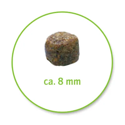 Гранула с приблизителен размер 8 мм, показана в близък план. Текст: ca. 8 mm.