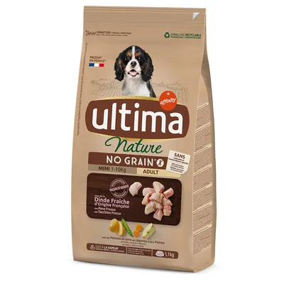 Sac Ultima Nature No Grain Adult Mini 1–10 kg, dinde fraîche d’origine française, sans céréales, 1,1 kg. Produit en France, emballage recyclable, avec pommes de terre, légumes et pomme.