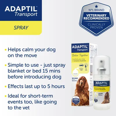 Adaptil Transport Spray helps calm dogs on the move, easy to use by spraying blanket or bed 15 minutes before, effects last up to 5 hours, ideal for short-term events like vet visits.