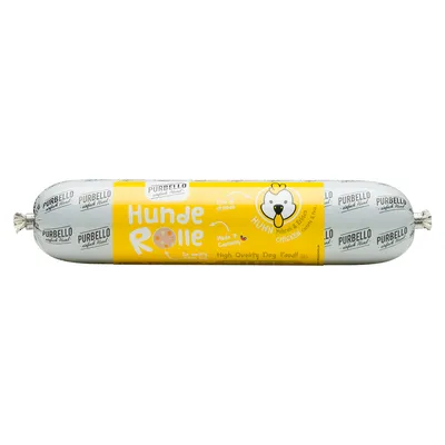 Hundewurst PurBello mit Huhn, Made in Germany, High Quality Dog Food. Verpackung zeigt gelbes Design mit Hundemotiv und Text 'Das drin!'