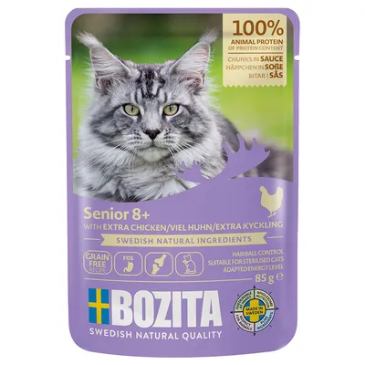 Bozita Senior 8+ kattmat, mycket kyckling i sås, spannmålsfri, hårbollskontroll, lämplig för steriliserade katter, svenska naturliga ingredienser, Made in Sweden, 85g.
