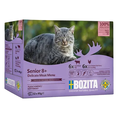 Bozita Senior 8+ Delicate Meat Menu, köttmeny med 6x nötkött och 6x kyckling, spannmålsfri, lämplig för steriliserade katter, 12x85g. Tillverkad i Sverige.