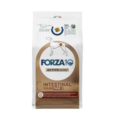Zak Forza10 Active Vet Diet Intestinal Colon Fase 2 hondenvoer, 4 kg. Tekst: 14% dietary fiber, afbeelding hond met markering op de buik.
