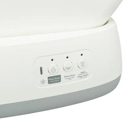 Bedieningspaneel met drie knoppen: 'Press Once: Clean Cycle', 'Press Once: Reset Litter Level', 'Hold: Empty Cycle, Press Twice: Child Lock'.