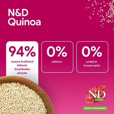 N&D Quinoa. 94 % kvalitných živočíšnych bielkovín, 0 % obilnín, 0 % umelých konzervačných látok. Kontrola hmotnosti.